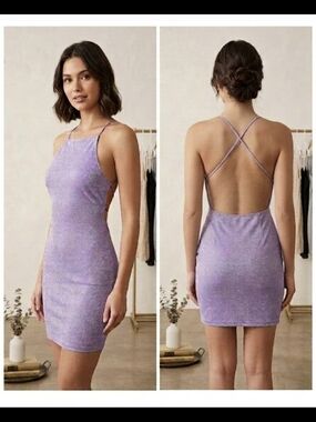 NWT H&M Divided Lavender Glitter Halter Neck Mini Dress Open Back Size S